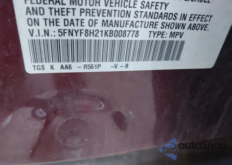 2019 Honda Passport Sport from USA, damaged, VIN 5FNYF8H21KB008778